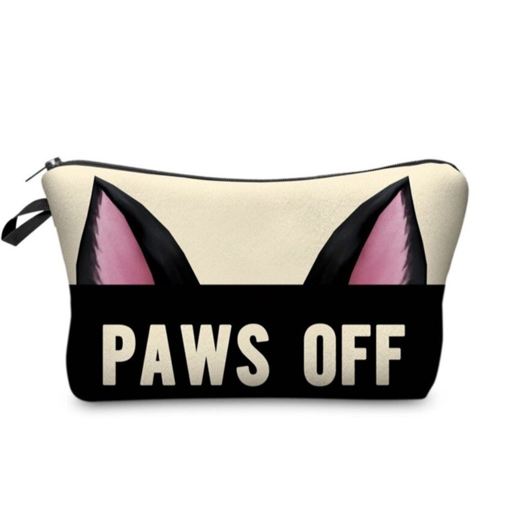 Adorable kitty Paws Off makeup bag in cool black and cream